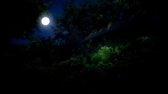 在夜晚的月光下在夏天的林中空地上废弃的仙女小屋