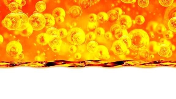 金色波浪在白色的背景与大的和小的金色气泡油内的黄金液体项目油蜂蜜啤酒果汁或其他变种白色背景