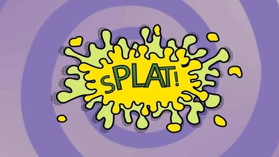 动画的经典漫画卡通讲话气泡与Splat!文字上的紫色条纹背景