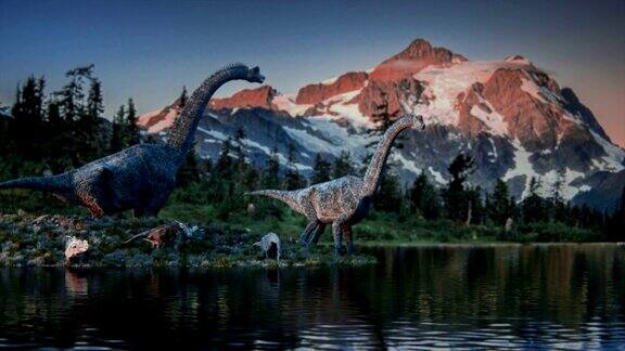 一个恐龙家族在池塘里喝水