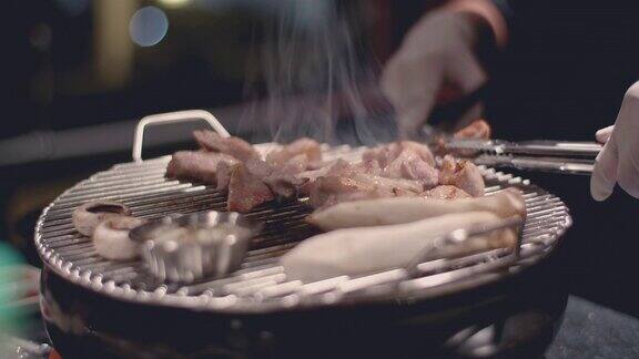 4k慢镜头韩国猪肉传统烧烤