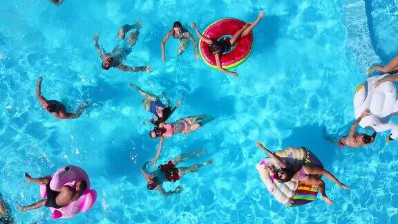 朋友们在游泳池里举行派对有充气的火烈鸟天鹅床垫阳光明媚的日子里快乐的年轻人在豪华度假村放松从以上观点穿着比基尼的女孩在阳光下晒太阳