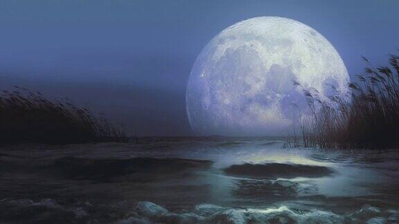 巨大神奇的蓝月亮映在湖水或大海中风景优美浪漫的背景