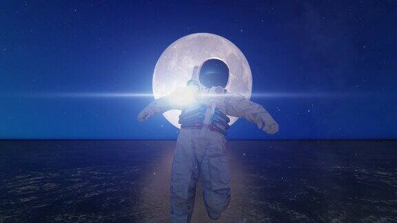 宇航员离开月球的3d动画概念关键词-探索和冒险