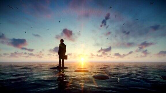 一个商人拿着公文包站在湖面上的一块卵石上在美丽的日出中周围是海鸥