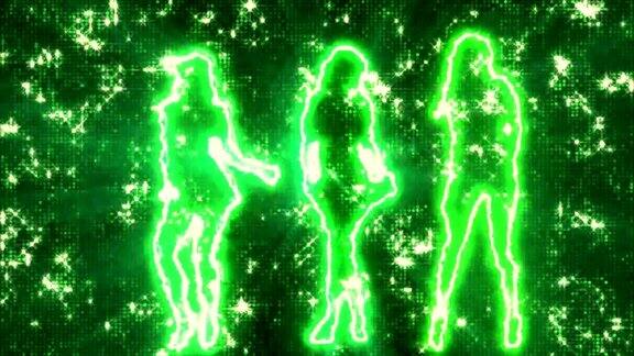 三个性感的女孩在剪影迪斯科背景绿色