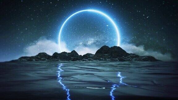 幻想月亮在海洋和山脊