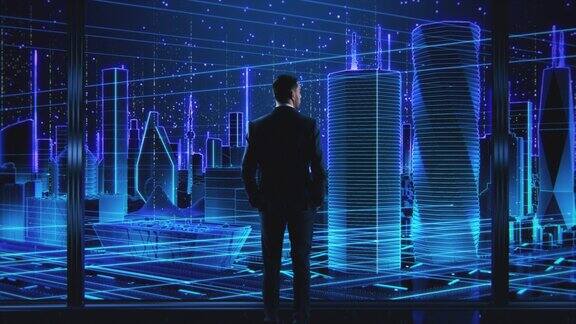 视觉特效未来商业概念商人站在动画未来城市与渲染的摩天大楼和办公楼前信息与大数据时代的机遇与成功