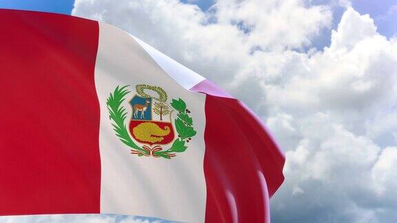 3D渲染的秘鲁国旗挥舞蓝天背景阿尔法通道