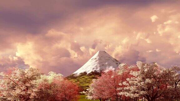 富士山和樱花在日落或日出