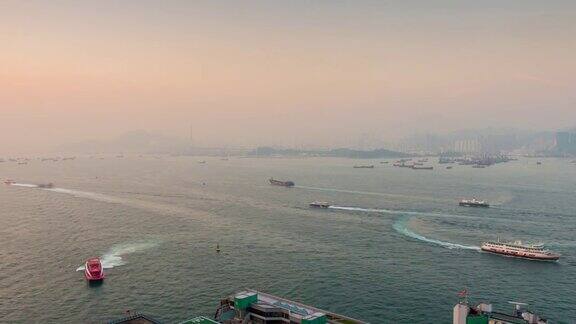 中国日落光香港城市维多利亚港交通全景4k时间推移