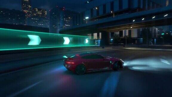 带有界面的赛车模拟器视频游戏的玩法计算机生成的3D汽车在现代城市的夜间高速公路上快速行驶和漂移视效动画第三人称视角