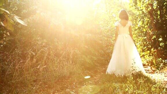 漂亮女人白色婚纱自然太阳森林背景