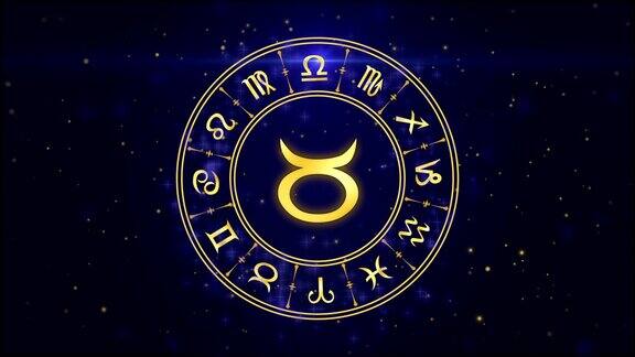 黄道带金牛座和占星轮在深蓝色的背景上