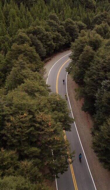 无人机拍摄的骑自行车者在绿色植被环绕的道路上骑行的画面