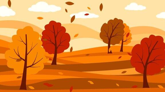 秋天的风景有树、云和落叶
