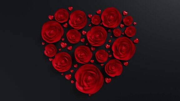 红玫瑰在4K分辨率的黑色背景动画上创建心形