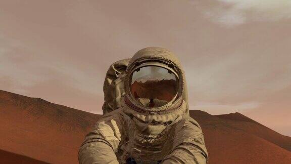 在火星上的殖民地宇航员坐在火星上欣赏风景火星探索任务未来主义殖民和空间探索概念