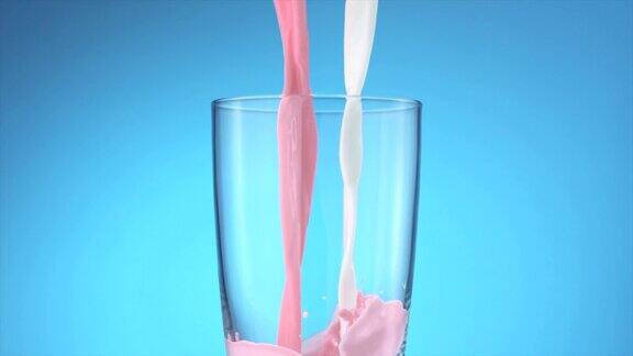 牛奶和草莓牛奶倒入玻璃杯慢动作