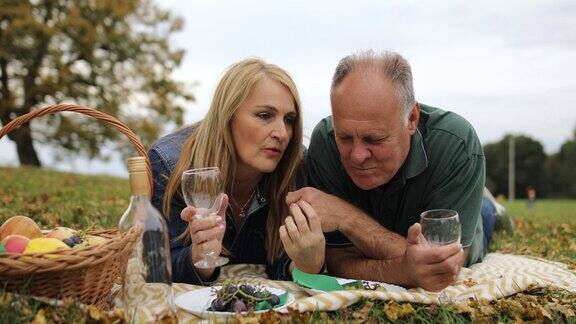 在大自然的野餐中成熟的夫妇用葡萄喂对方