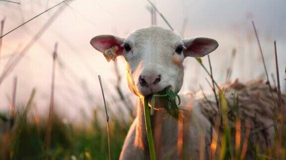 可爱的绵羊在绿色的牧场上农场动物肖像