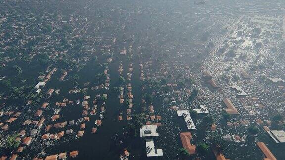 新奥尔良市被洪水淹没人们坐在屋顶上救援直升机经过4K