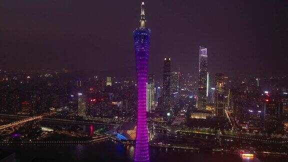 广州市市中心滨江日落天空照明著名塔前顶航拍全景4k中国