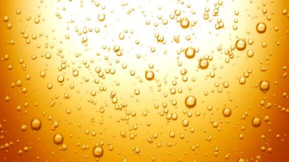美丽的啤酒泡沫上升可循环的3d动画闪闪发光的水在黄色的背景
