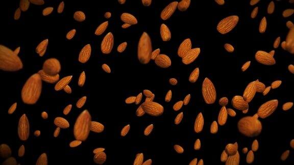 在黑色的背景上飞着许多杏仁食品健康食品饮食杏仁旋转3D动画循环动画