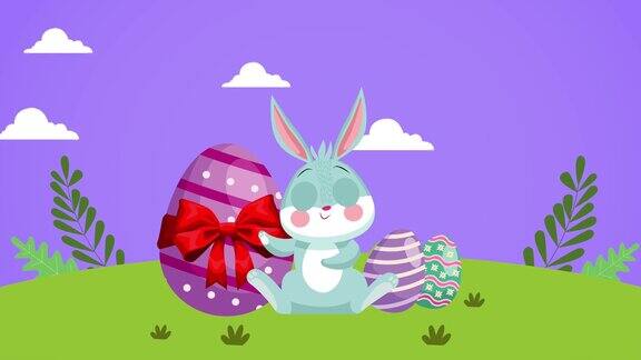 复活节快乐可爱的兔子和彩蛋在田野里