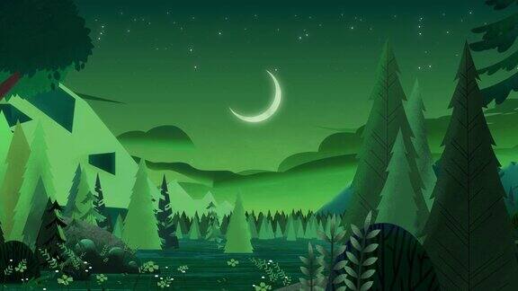 美丽的神话般的夜晚深绿色的针叶林观赏星空星空与明亮的月亮镰刀之间的岩石