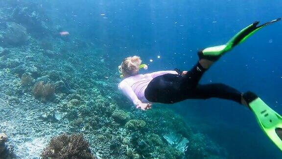 女性潜水者在紫外线潜水衣泳衣游泳沿着克利岛的暗礁拉贾安帕西巴布亚印度尼西亚