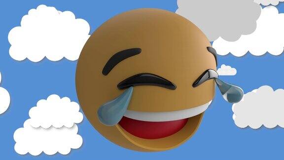 动画的微笑表情符号图标与云在蓝色的背景