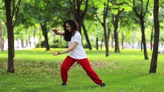 一个女人在公园里练太极气功东方武术