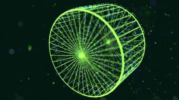 摘要发光绿色粒子形成三维物体气缸Vj循环作为虚拟数字空间的bg粒子形成全息影像的形状作为大数据、网络或vr空间科幻运动设计bg