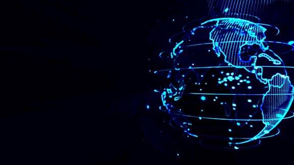 地球动画旋转的地球闪亮的大陆与强调的边缘蓝色辉光的行星地球的抽象网络动画