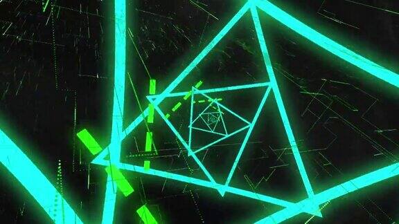 动画的蓝色霓虹灯三角形螺旋和绿色点和线移动在黑色背景