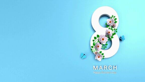 3月8日快乐的妇女节文本与蝴蝶和鲜花庆祝3月8日国际妇女节4K分辨率