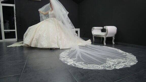 年轻美丽的新娘在白色婚纱玩面纱推动它