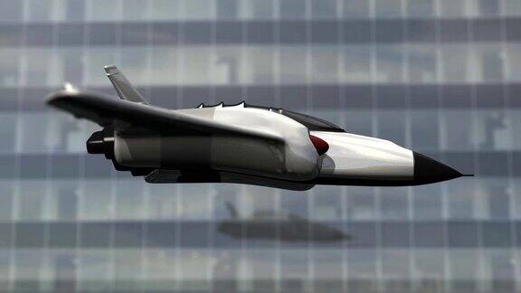 未来的宇宙飞船在3D城市上空飞行