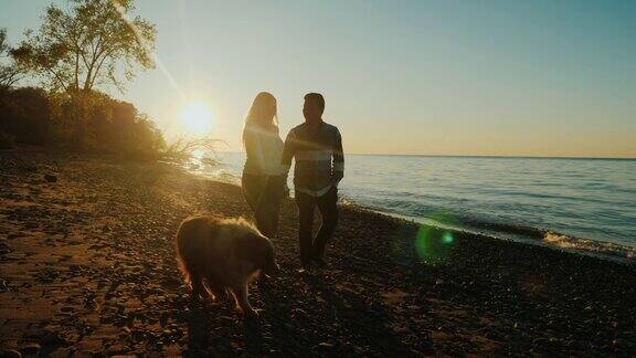 日落时分多民族夫妇带着狗在海边或湖边散步