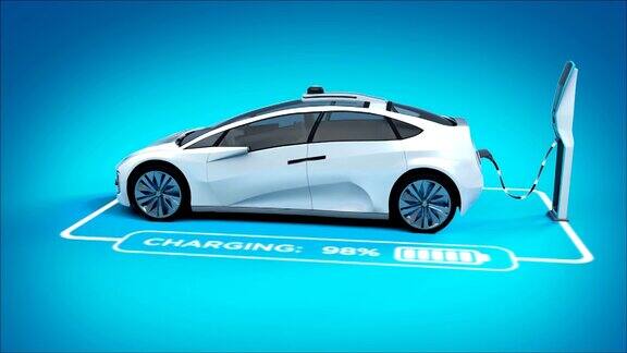 未来的电动汽车在充电站充电3d动画