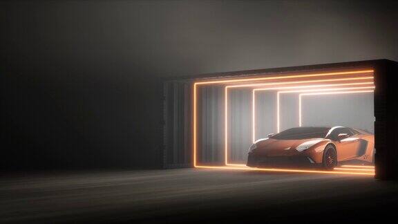 一辆普通的豪华橙色跑车前灯亮着刚刚停在一个空的水泥工业车库