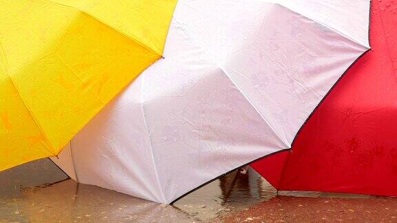 打开了五颜六色的雨伞与雨滴