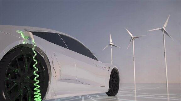 背景是装有太阳能电池板和风力涡轮机的普通电动汽车绿色能源通用汽车及标志设计标志外形plug无知识产权侵权