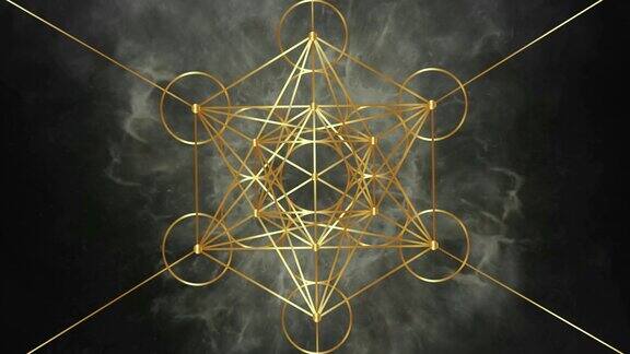 视频动画梅塔特隆的魔方生命之花金色神圣几何图形雾烟黑色背景神秘的金色图标柏拉图的固体抽象的几何图形麦田怪圈