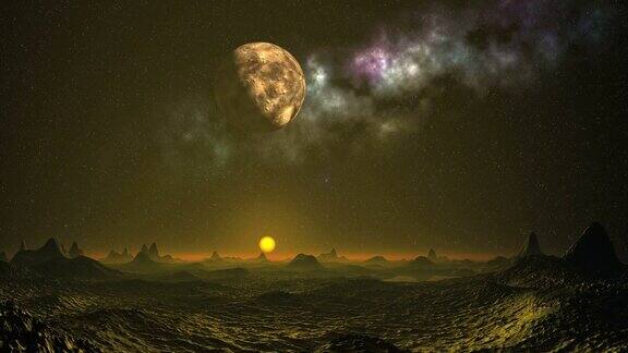 月亮和星云下的外星日落