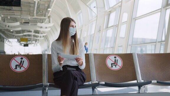 一个带着口罩的自信的女商人坐在机场拿着护照和机票在疫情中保持着距离在机场等待旅行看票的女人