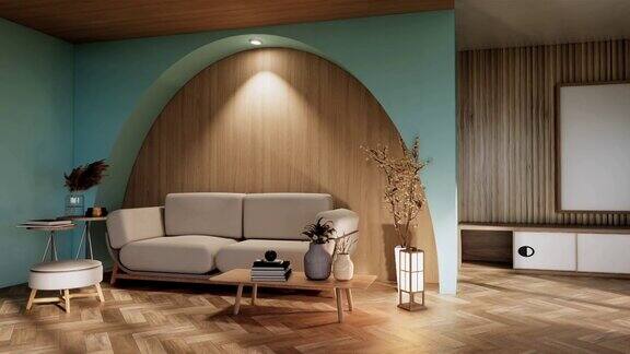 薄荷墙设计房间装饰灯植物地毯沙发三维渲染