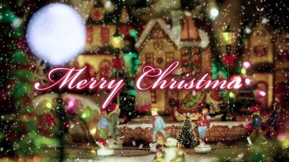 圣诞快乐的文字排版设计在红色与玩具圣诞村的场景和小雕像的溜冰者在背景下的雪-圣诞活动